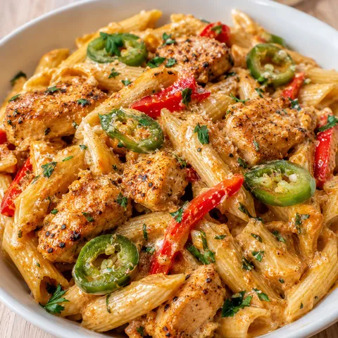 Creamy Rattlesnake Pasta with chicken, jalapeños, red pepper, and Parmesan