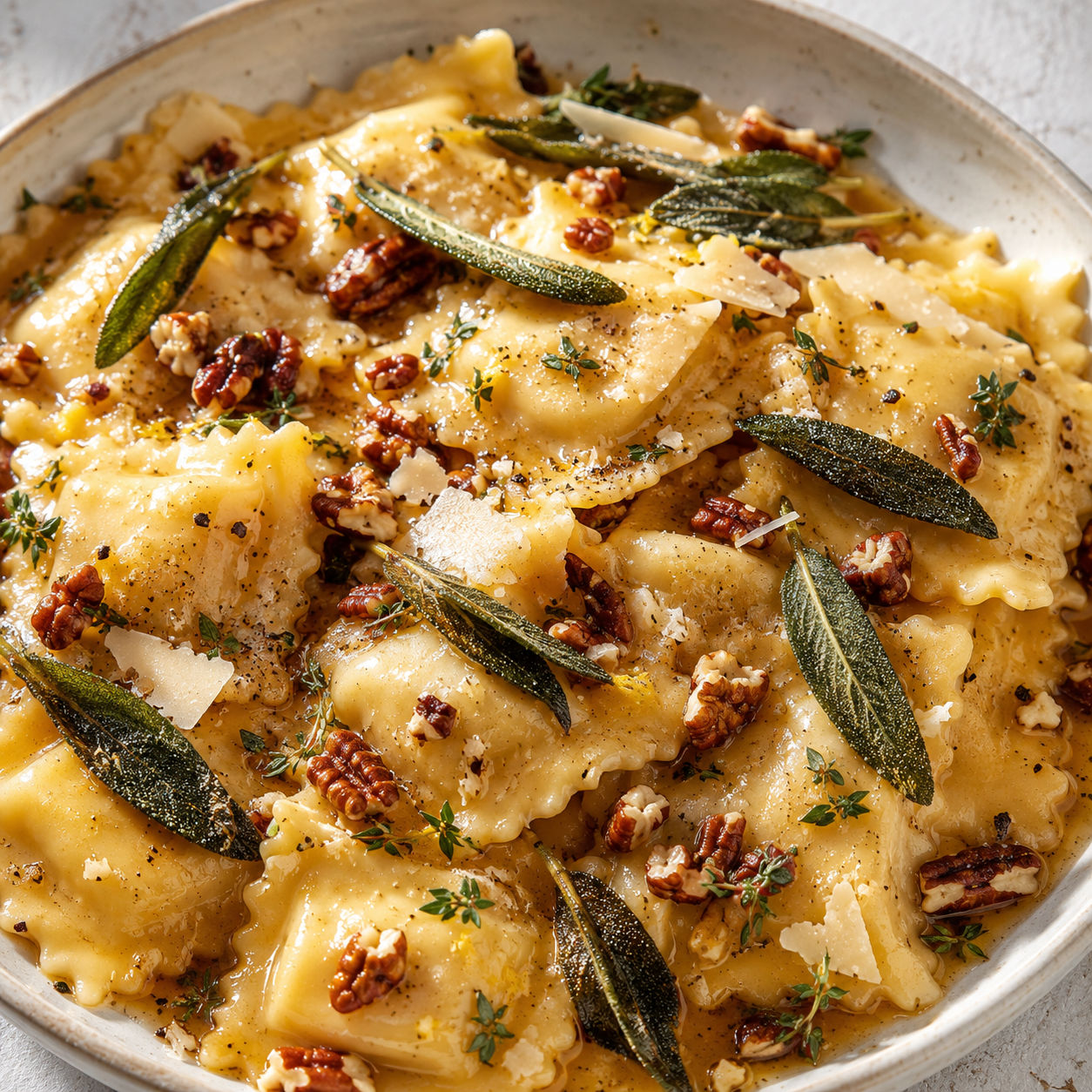 Ravioli with sage butter sauce, crisp sage, pecans, and parmesan