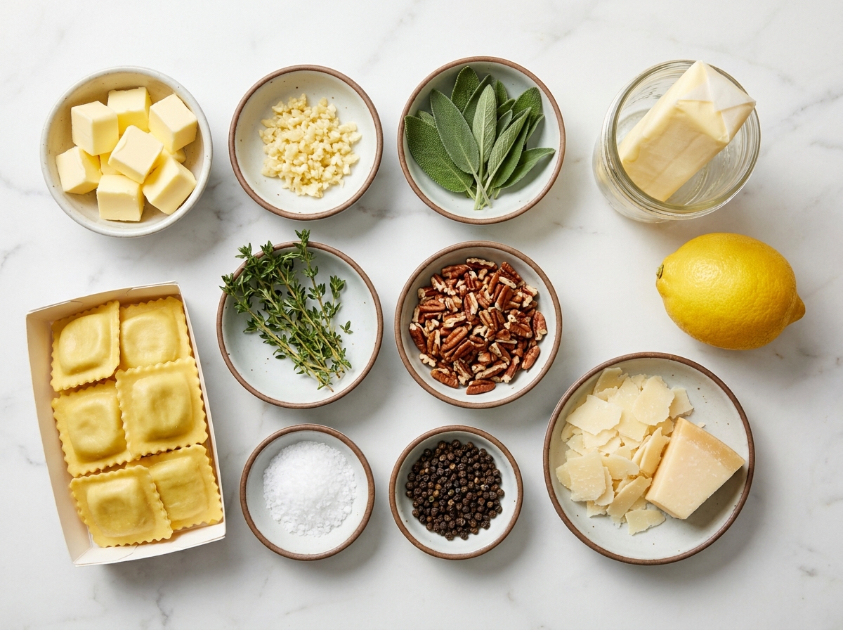 Ingredients for ravioli with sage butter sauce on a stone surface