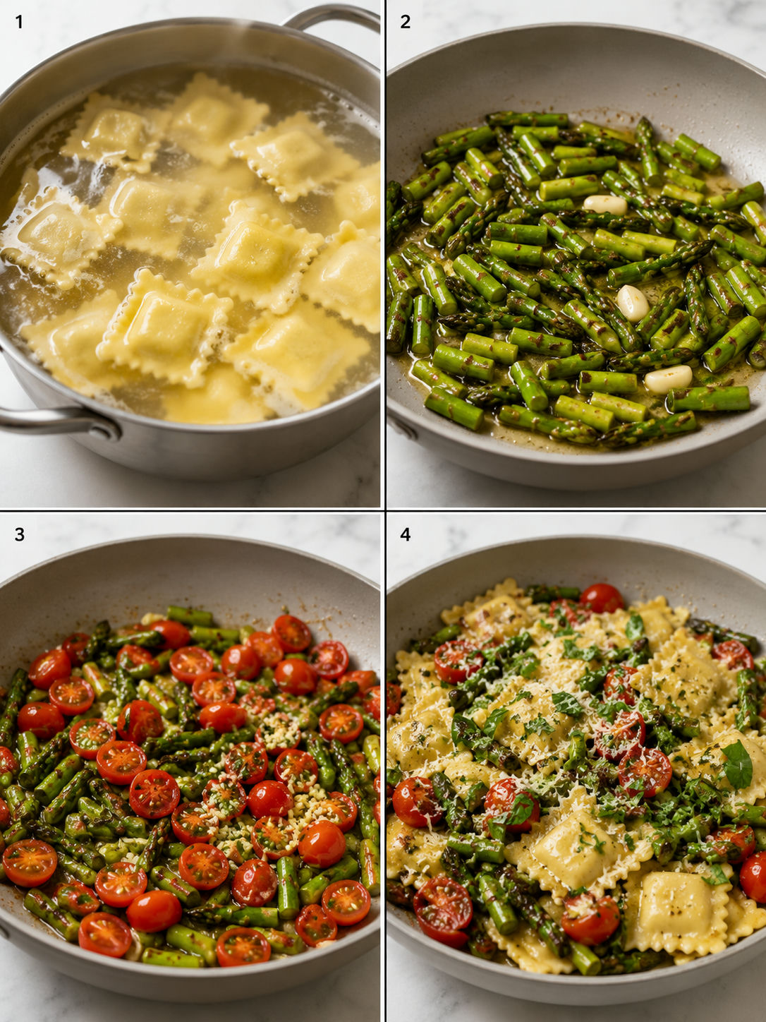Four cooking steps for tomato asparagus ravioli in a skillet