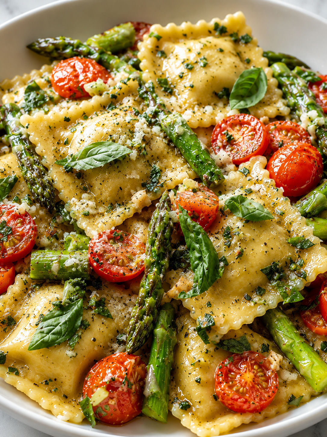 Glossy tomato asparagus ravioli with parmesan and fresh herbs