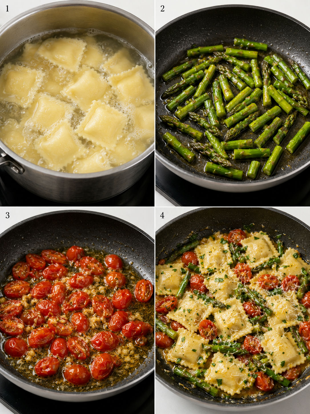 Four cooking steps for ravioli with asparagus, tomatoes, and herbs