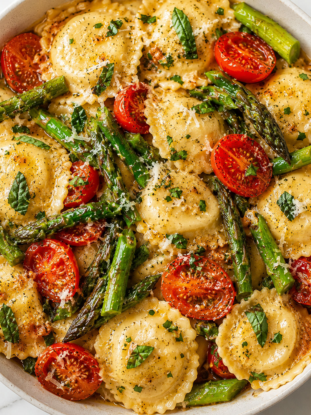 Top-down ravioli with tomatoes, asparagus, parmesan, and fresh herbs