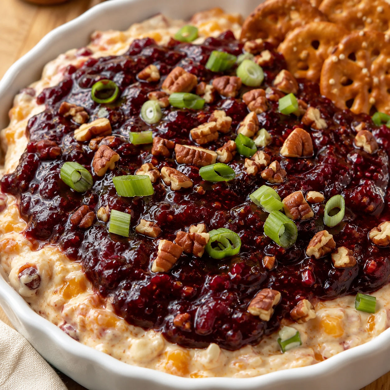 Razzmatazz Dip with raspberry preserves, pecans, cheddar and green onions