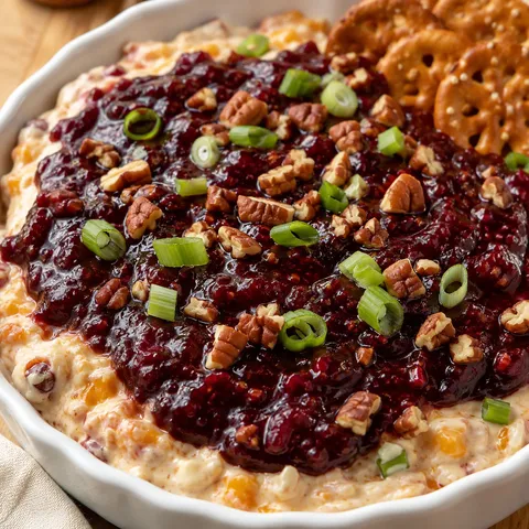 Razzmatazz Dip with raspberry preserves, pecans, cheddar and green onions