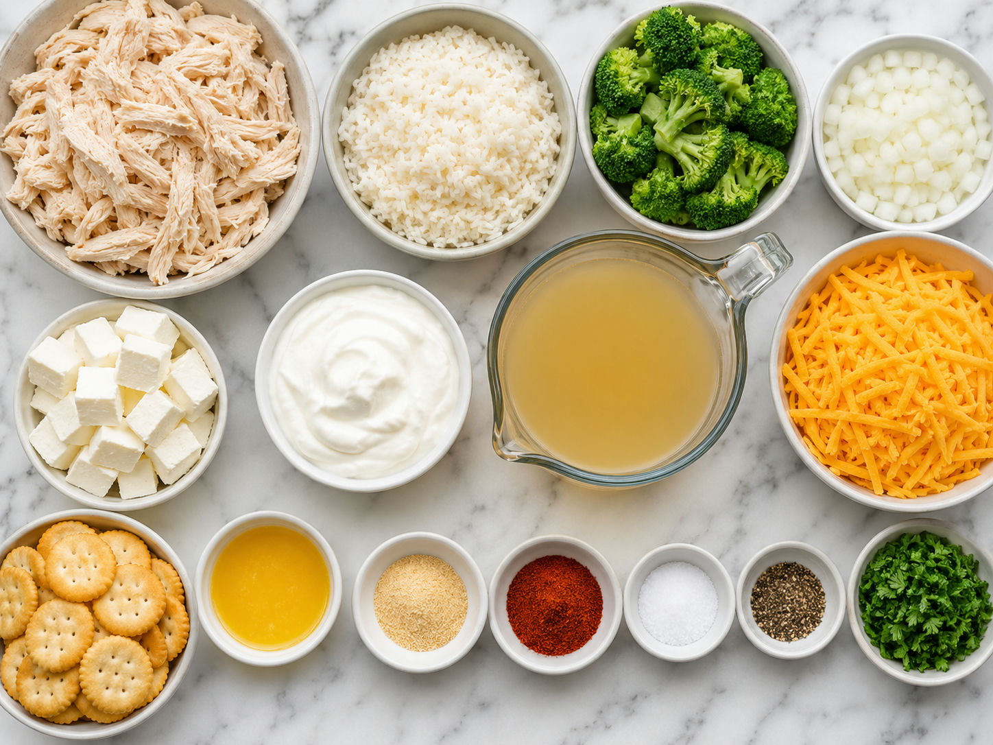 Ingredients for chicken broccoli rice casserole on a kitchen counter