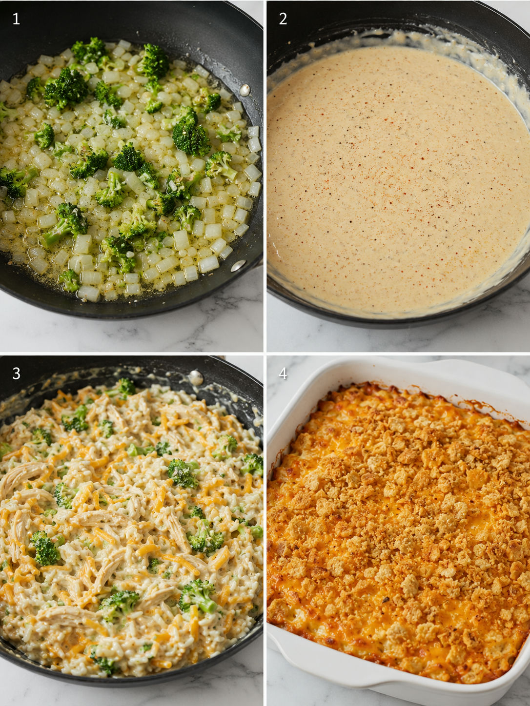 Four steps for making cheesy chicken broccoli rice casserole