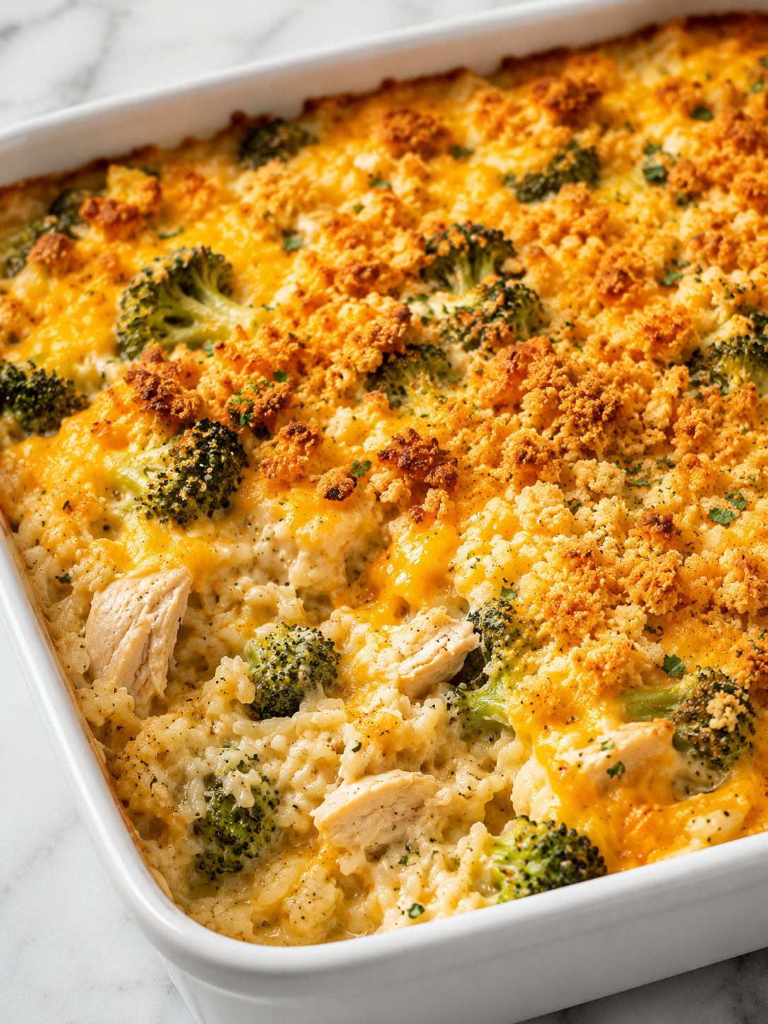 Spoonful of creamy chicken broccoli rice casserole with cheddar