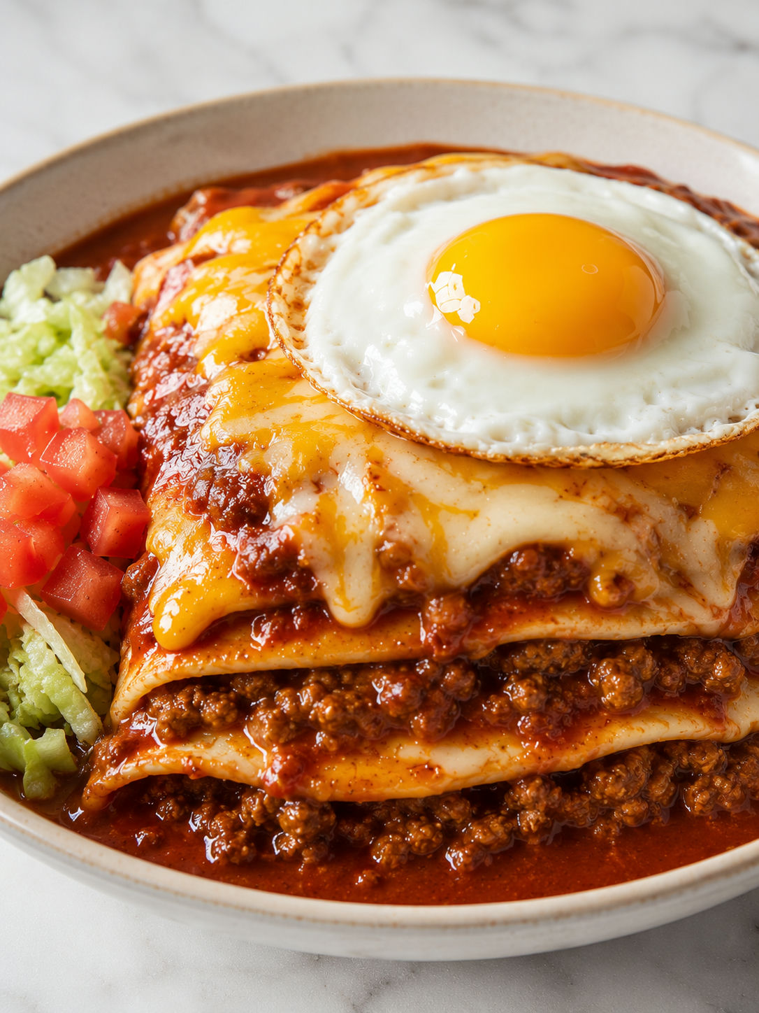 Saucy red chile beef stacked enchiladas with cheese and fried egg