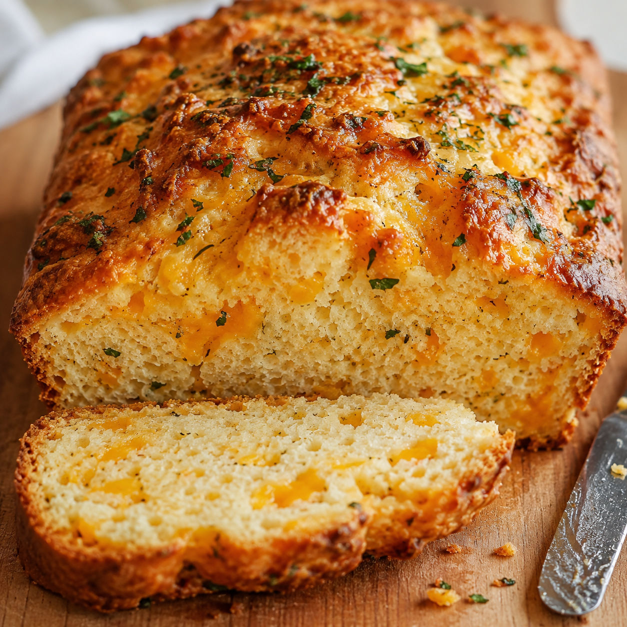 Sliced cheddar biscuit loaf with garlic parsley butter and melted cheese pockets