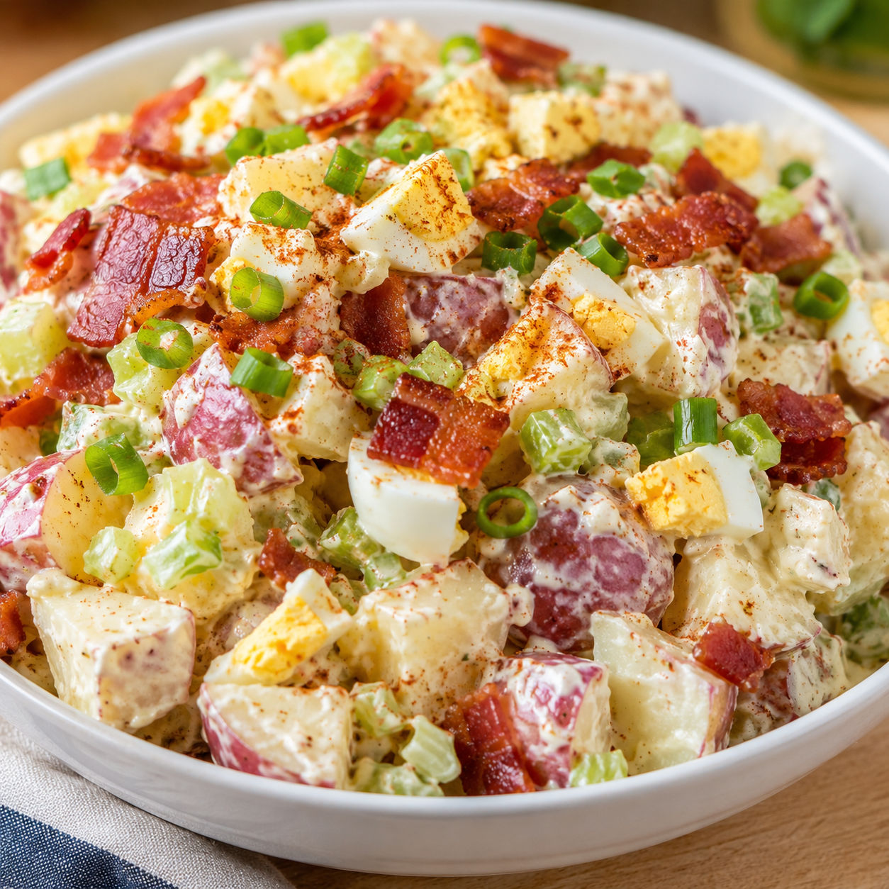 Red skinned potato salad with bacon, eggs, scallions, and paprika