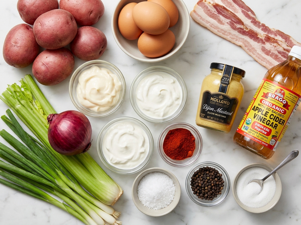 Ingredients for red potato salad with bacon and eggs on a wooden surface