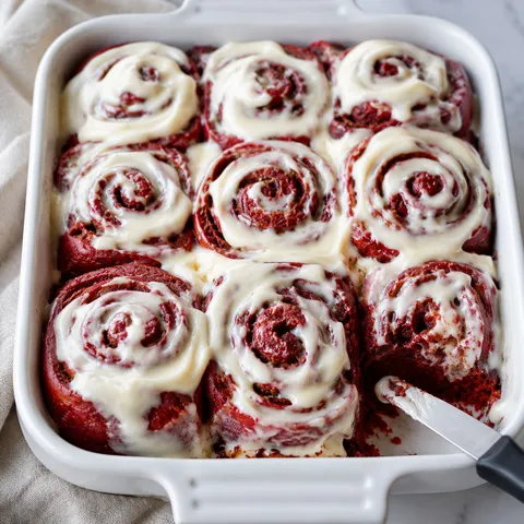 Red velvet cinnamon rolls with cream cheese icing in a white baking dish