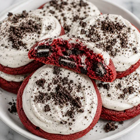 Red velvet cookies with cookies-and-cream frosting and crushed sandwich cookies