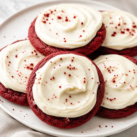 Red velvet cookies with cream cheese frosting and red crumbs on a white platter