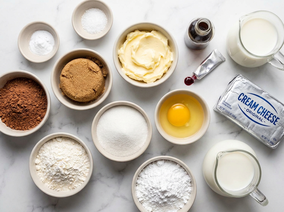 Ingredients for red velvet cookies with cream cheese frosting on a marble counter