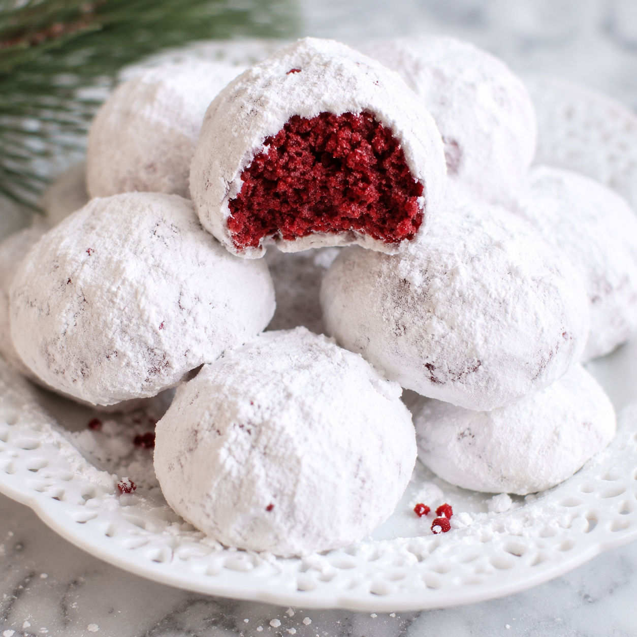 Red velvet snowball cookies with a red center and powdered sugar coating