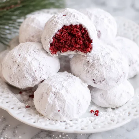 Red velvet snowball cookies with a red center and powdered sugar coating