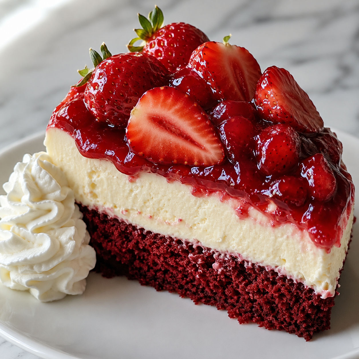 Red velvet strawberry cheesecake slice showing layered cake base and creamy cheesecake topped with berries