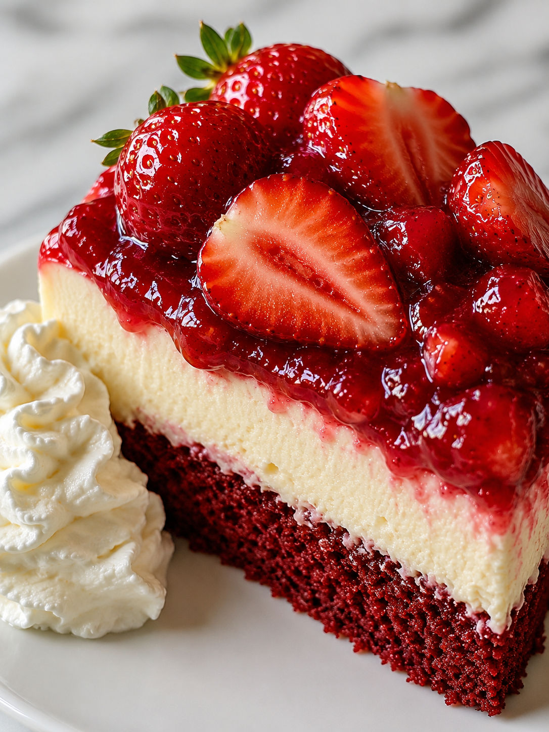 Red Velvet Strawberry Cheesecake, plated and served