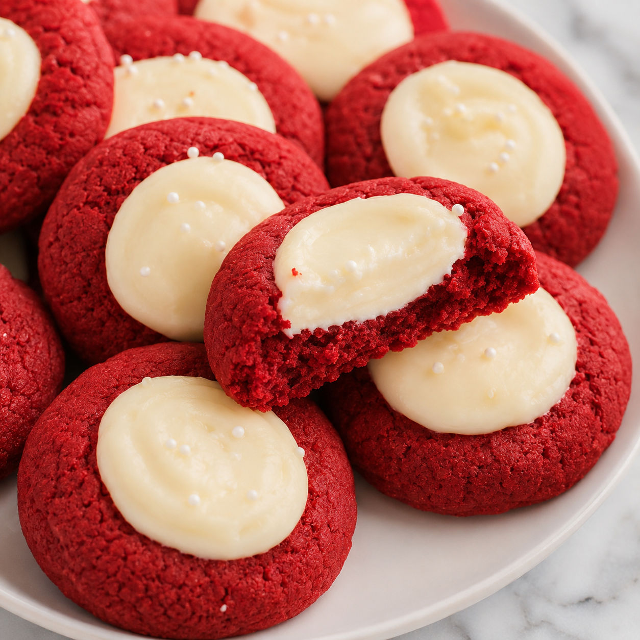 Red velvet thumbprint cookies with cream cheese filling on a white plate