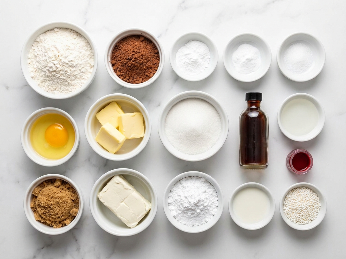 Ingredients for red velvet thumbprint cookies with cream cheese filling