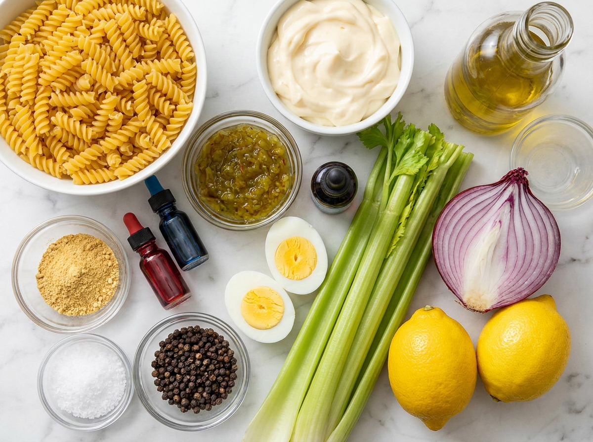 Ingredients for red white and blue pasta salad on a kitchen counter