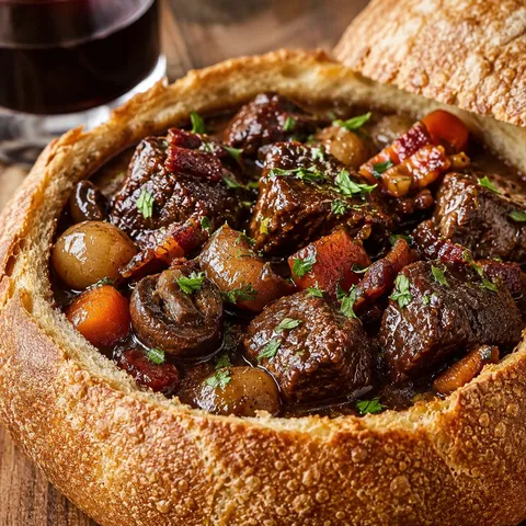 Red wine braised beef in a crusty bread bowl with mushrooms and parsley