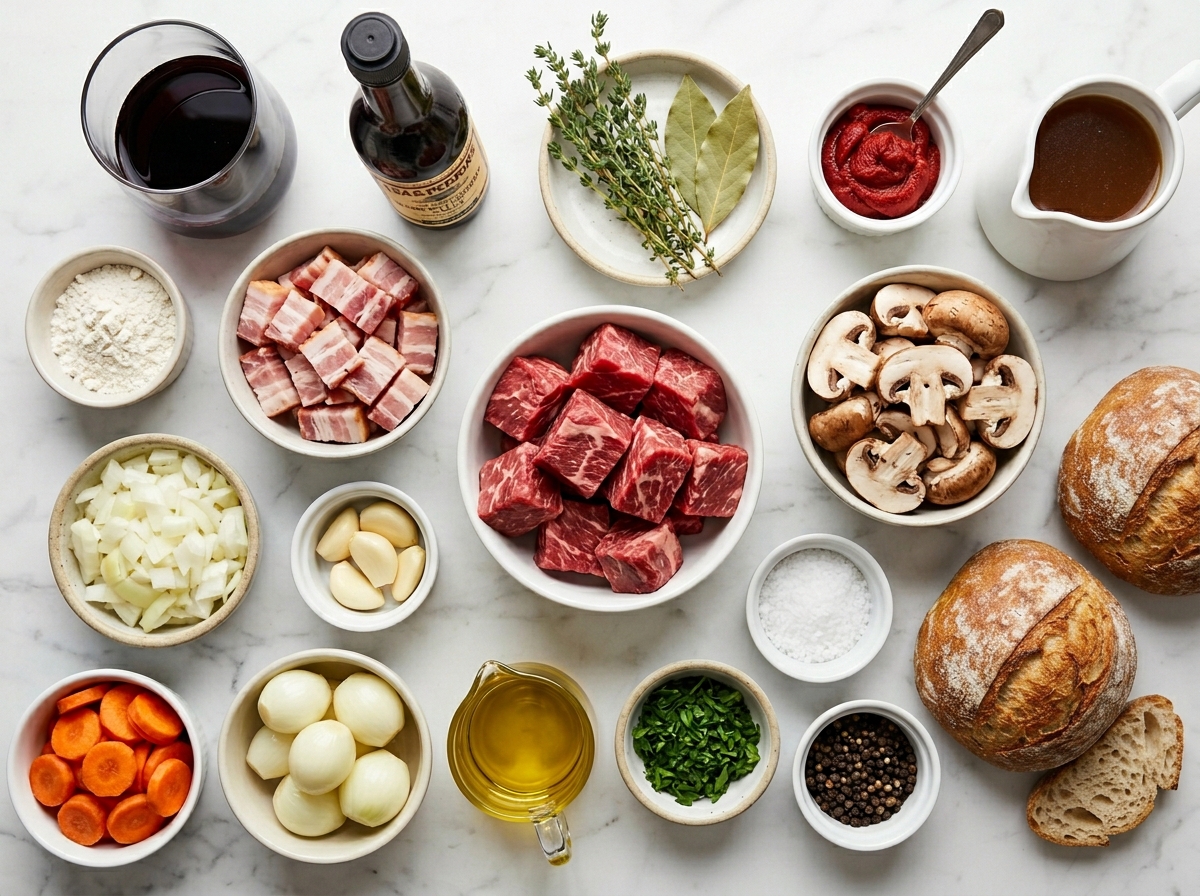 Ingredients for red wine braised beef with bread bowls on a wooden table