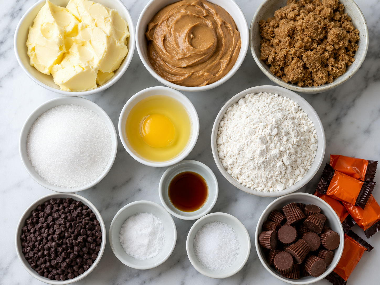 Ingredients for Reese's peanut butter chocolate chip cookie bites