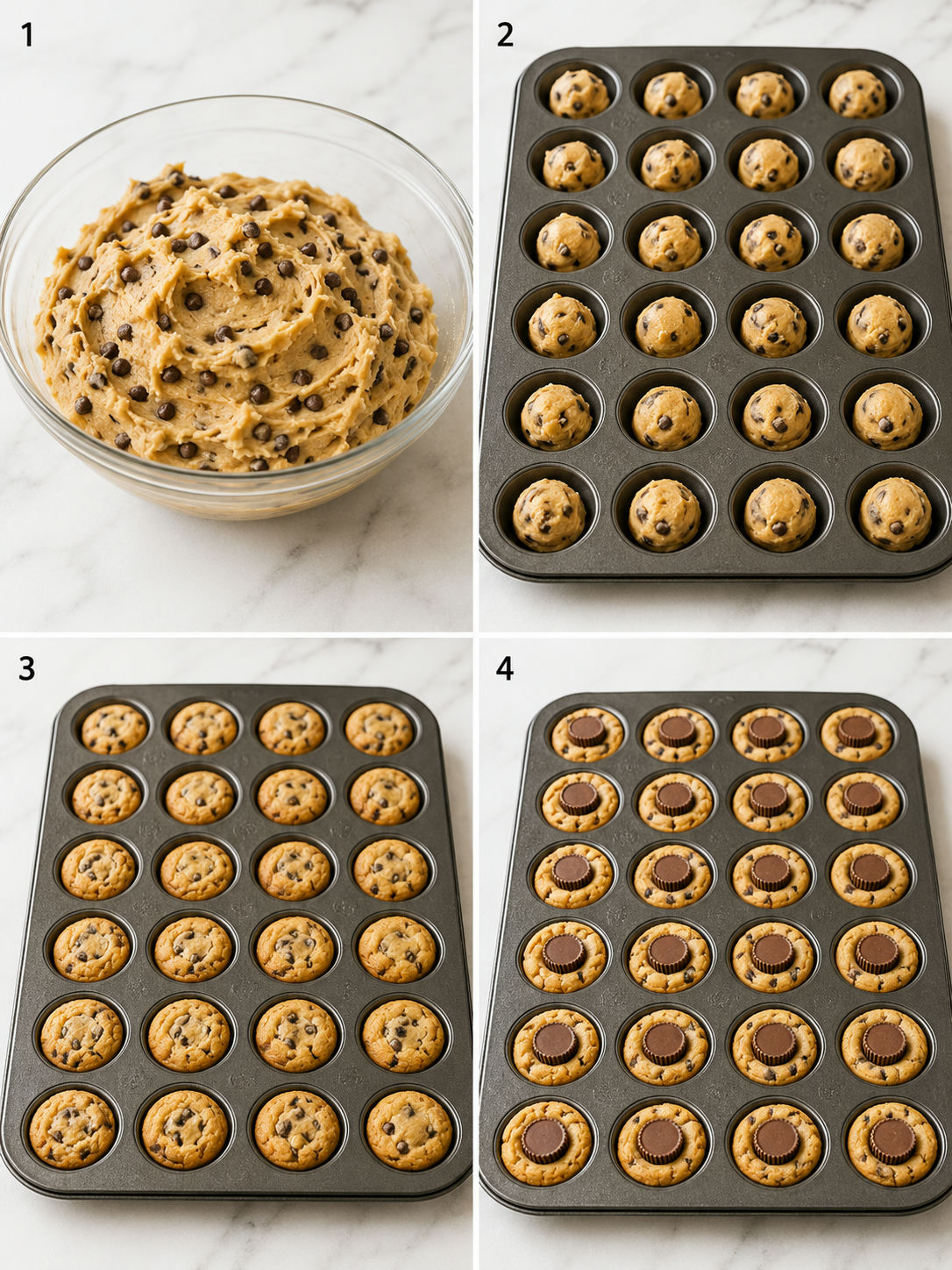 Four steps for making Reese's cookie bites in a mini muffin pan