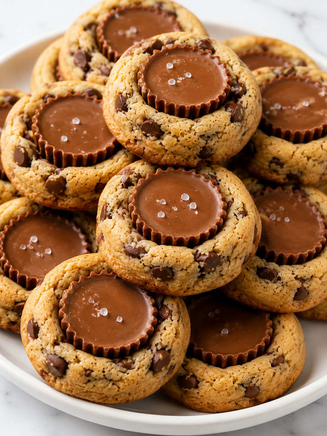 Stack of Reese's peanut butter chocolate chip cookie bites with glossy centers
