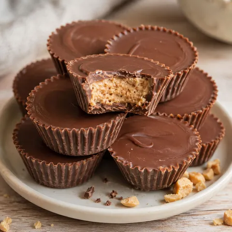 Homemade peanut butter chocolate cups with one cut open on a cream plate