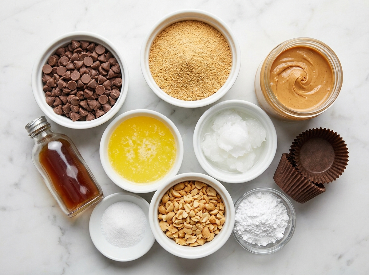 Ingredients for peanut butter chocolate cups with chocolate, peanut butter, and liners