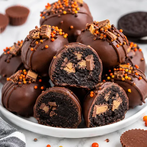 Chocolate dipped Reese's Peanut Butter Oreo Truffles with candy topping