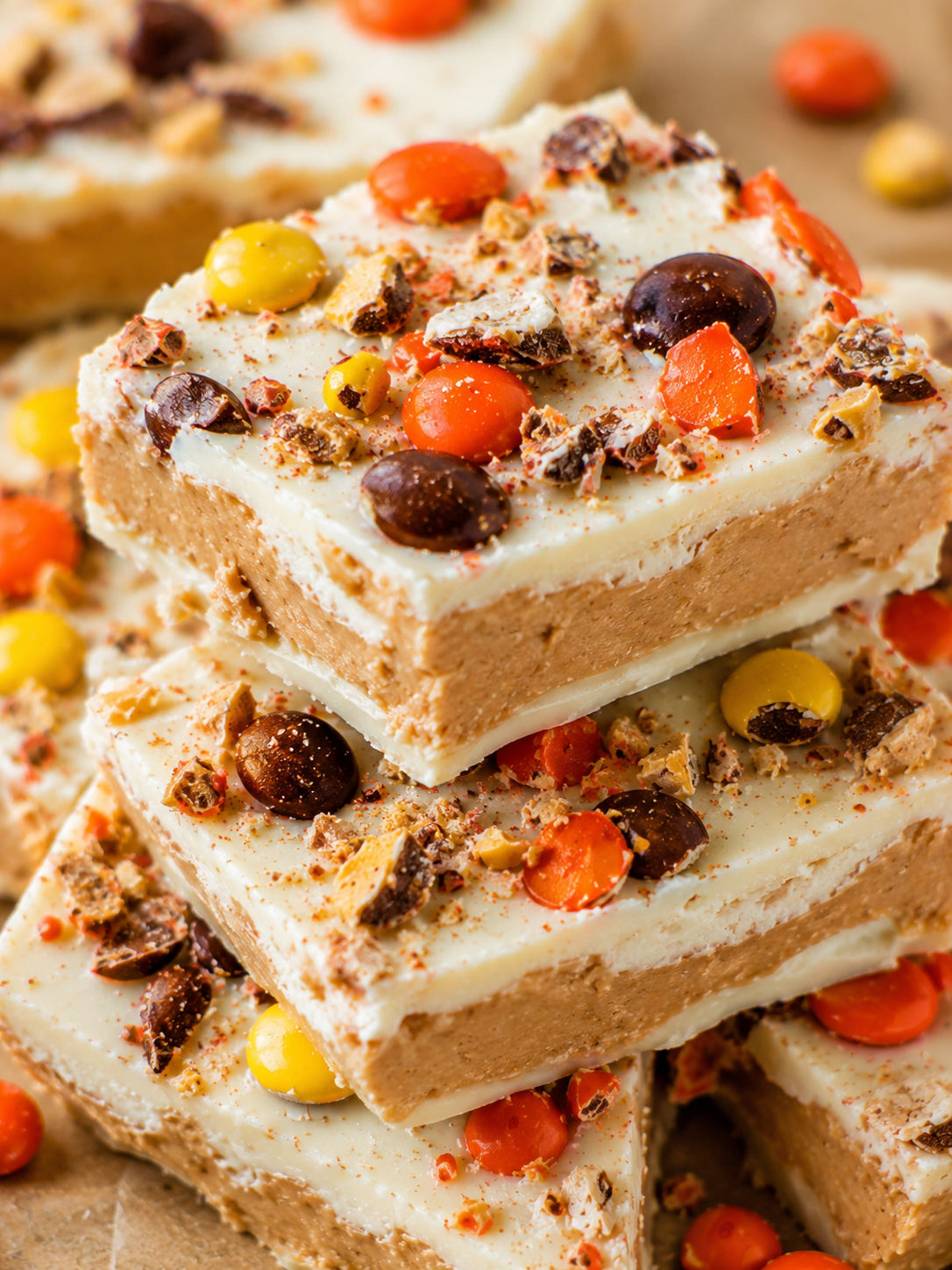 Reese’s Pieces Peanut Butter White Chocolate Bark, plated and served