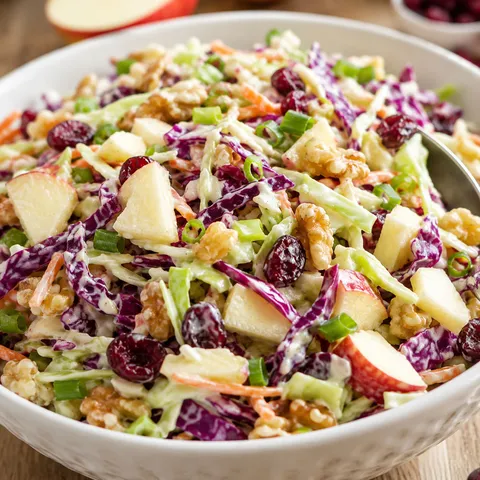 Apple cranberry coleslaw with walnuts and green onions in a white bowl