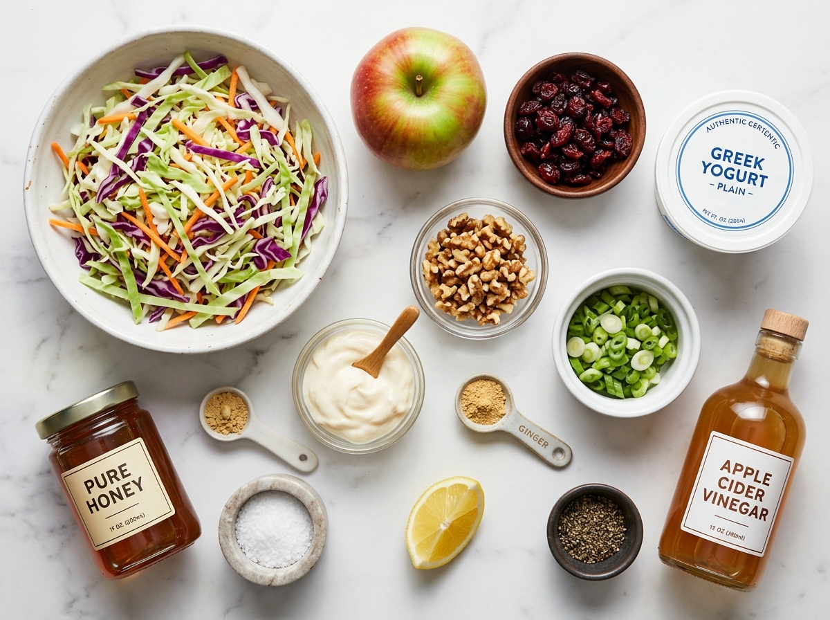 Ingredients for apple cranberry coleslaw with cabbage, apple, cranberries and walnuts