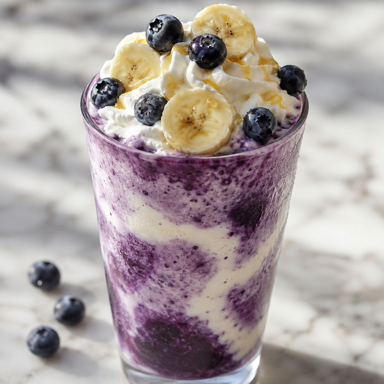 Banana blueberry frappuccino with whipped cream and fresh berries