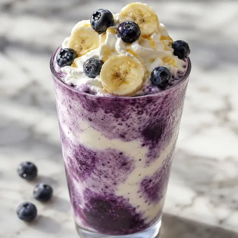 Banana blueberry frappuccino with whipped cream and fresh berries