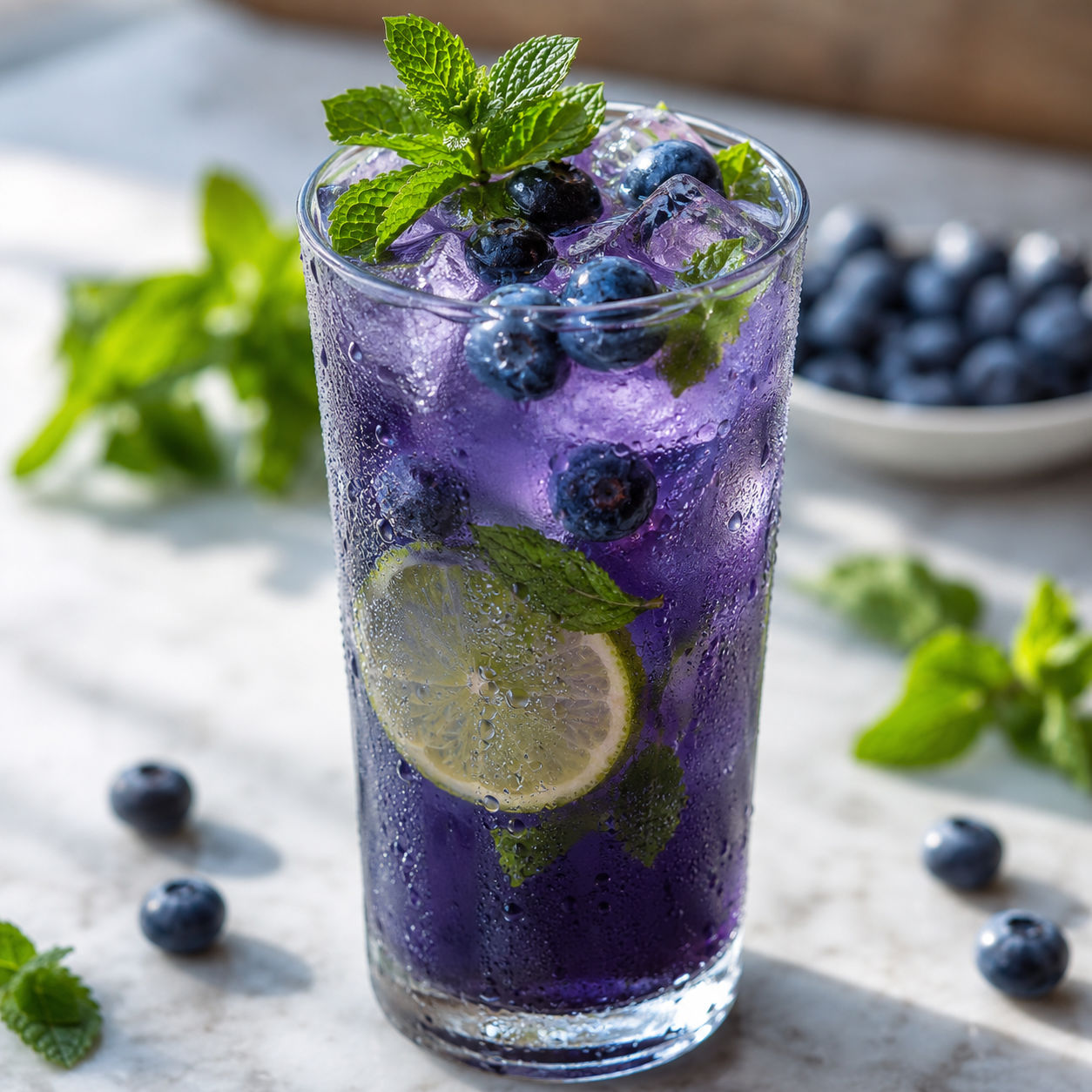 Blueberry mojito mocktail in a tall glass with ice, mint, and lime