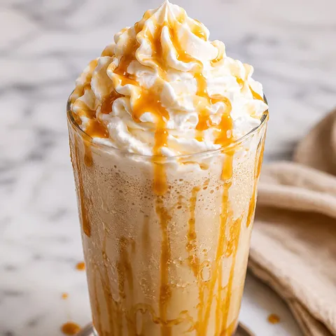 Caramel frappuccino with whipped cream and caramel drizzle in a tall glass