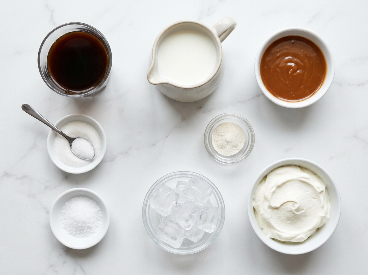 Ingredients for caramel frappuccino with coffee, milk, caramel, ice, and cream