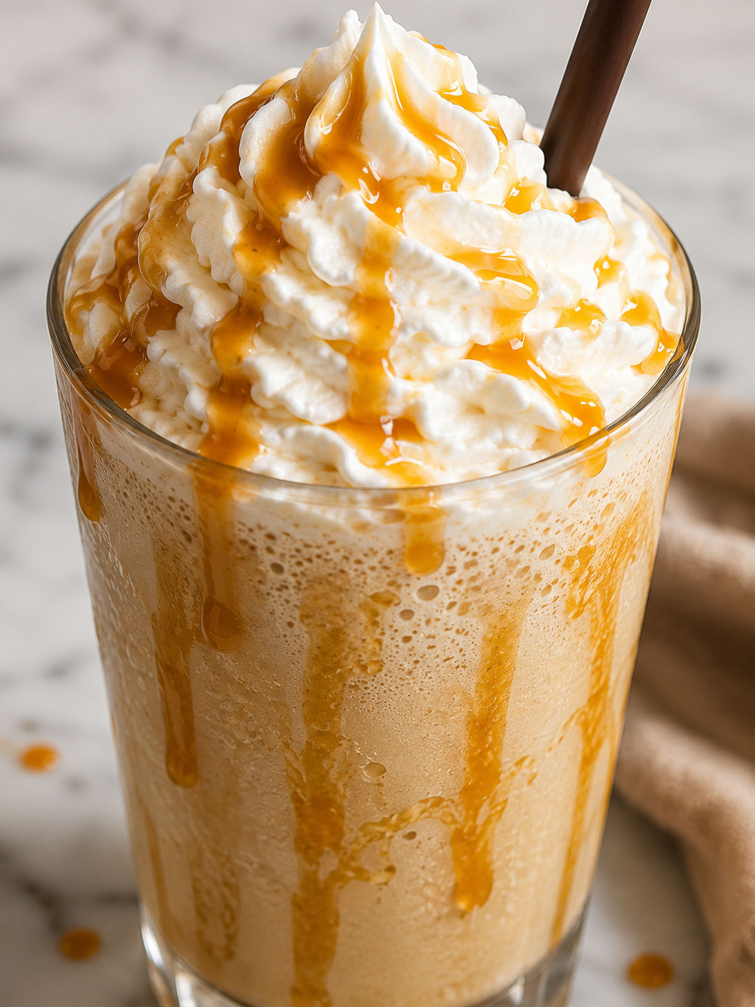 Refreshing Caramel Frappuccino, plated and served