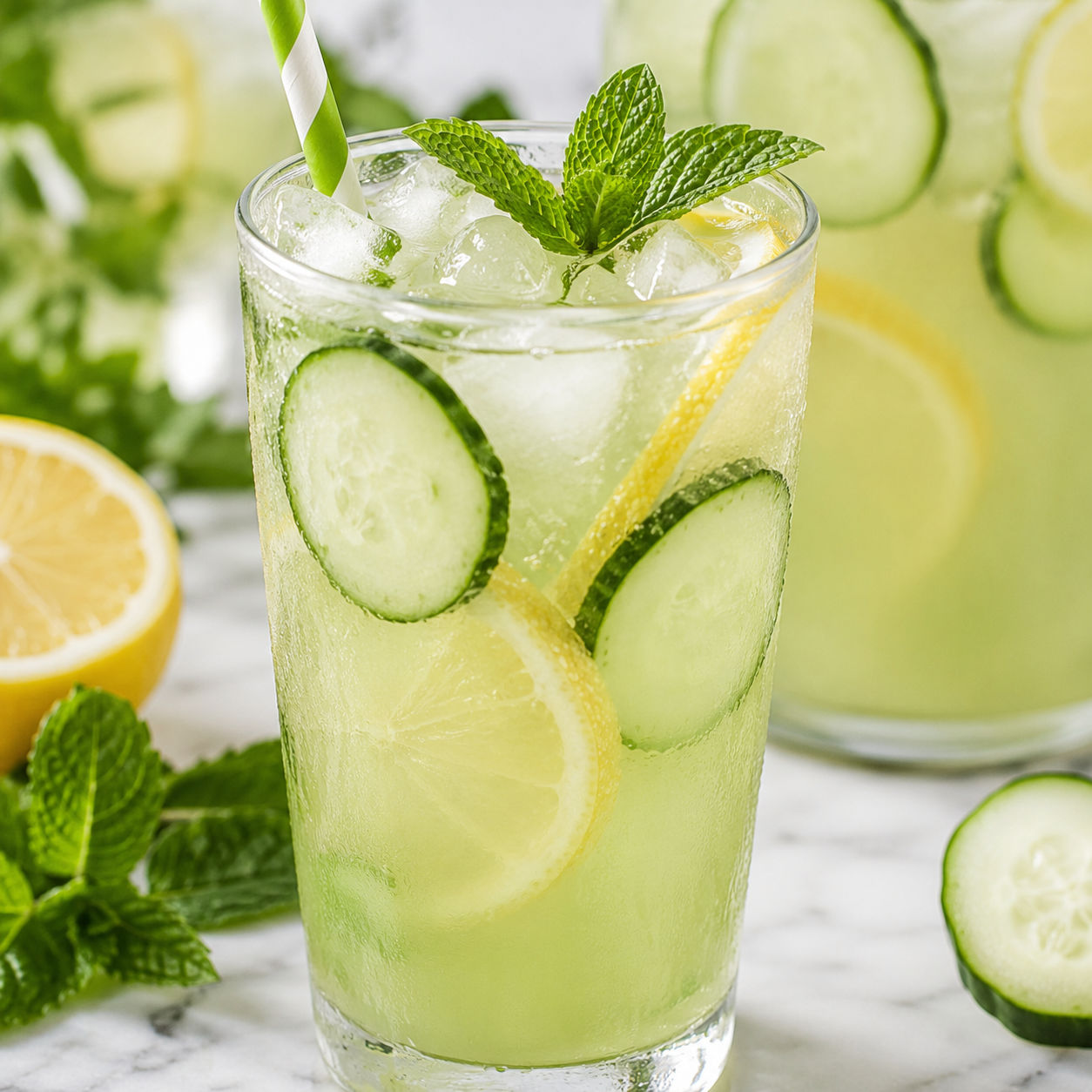 Cucumber lemonade with ice, lemon slices, cucumber rounds, and fresh mint