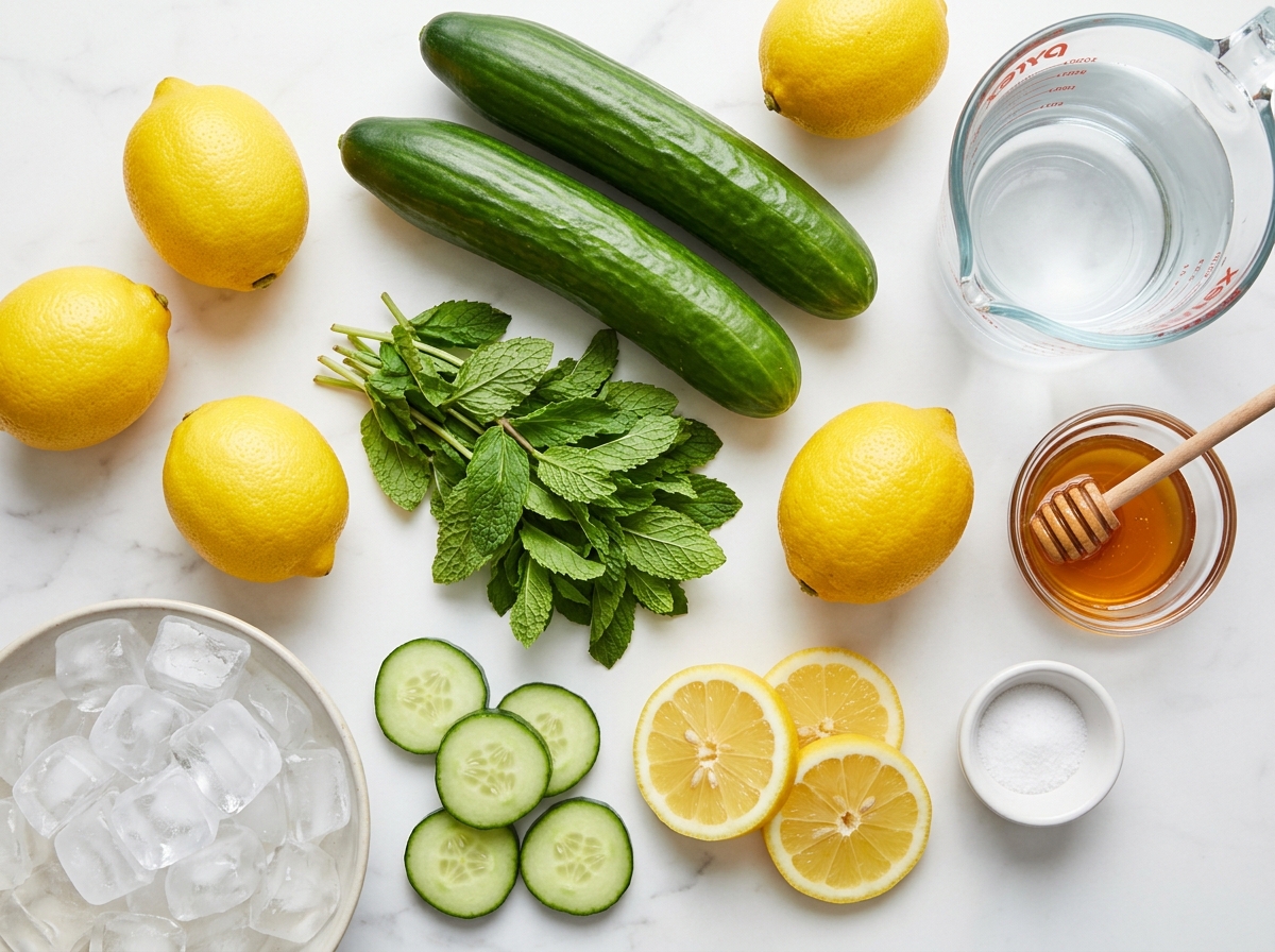 Fresh cucumbers, lemons, honey, mint, water, and ice for cucumber lemonade