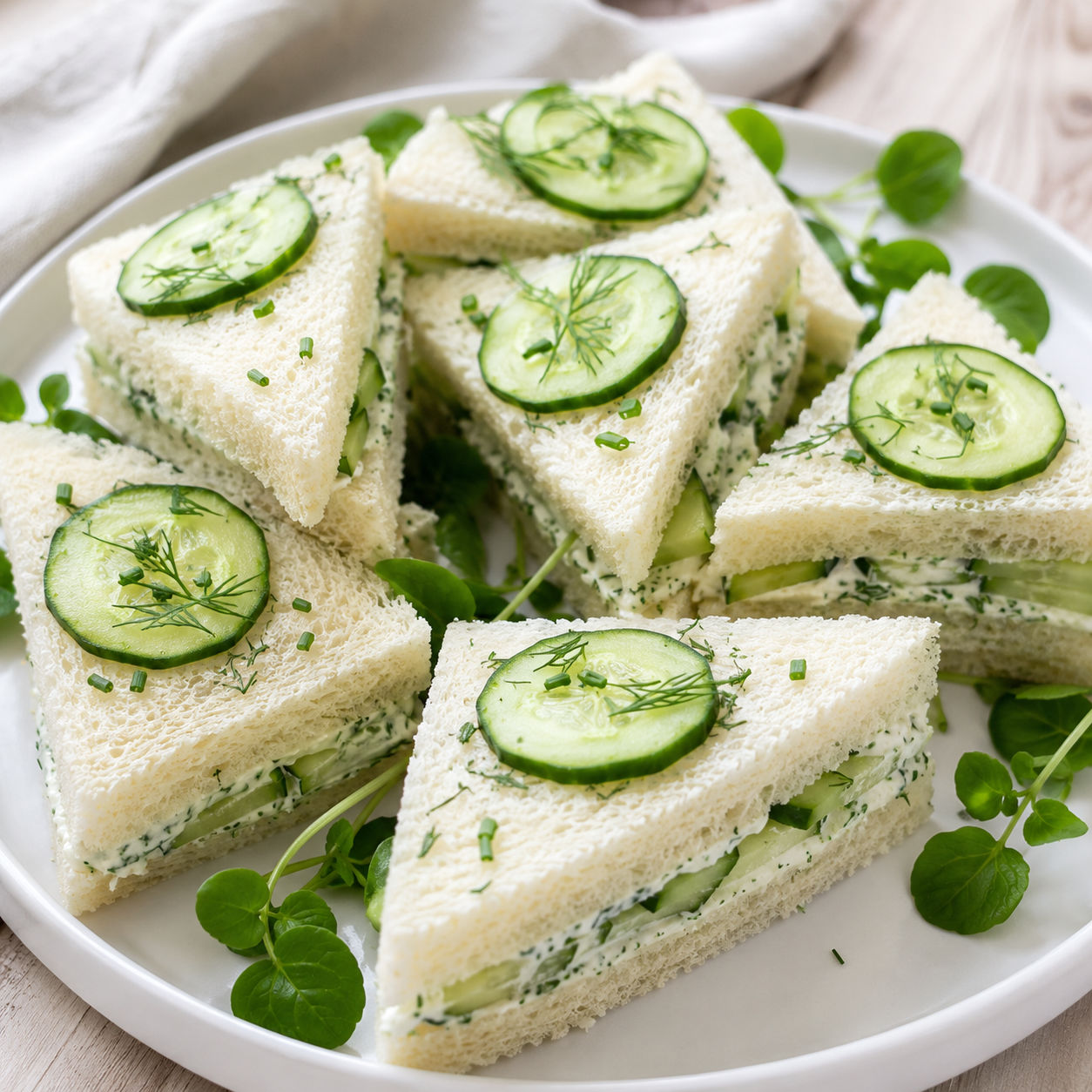 Refreshing cucumber sandwich triangles with dill and watercress on a white plate