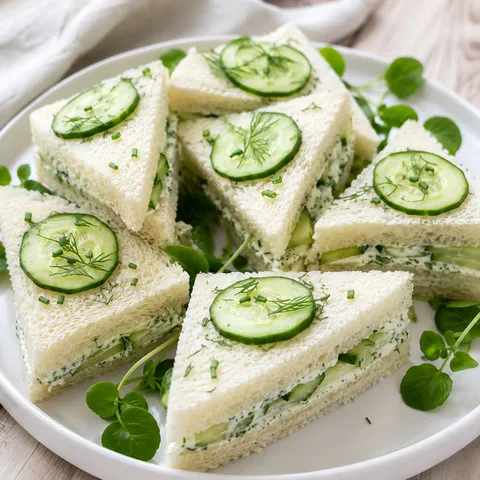 Refreshing cucumber sandwich triangles with dill and watercress on a white plate