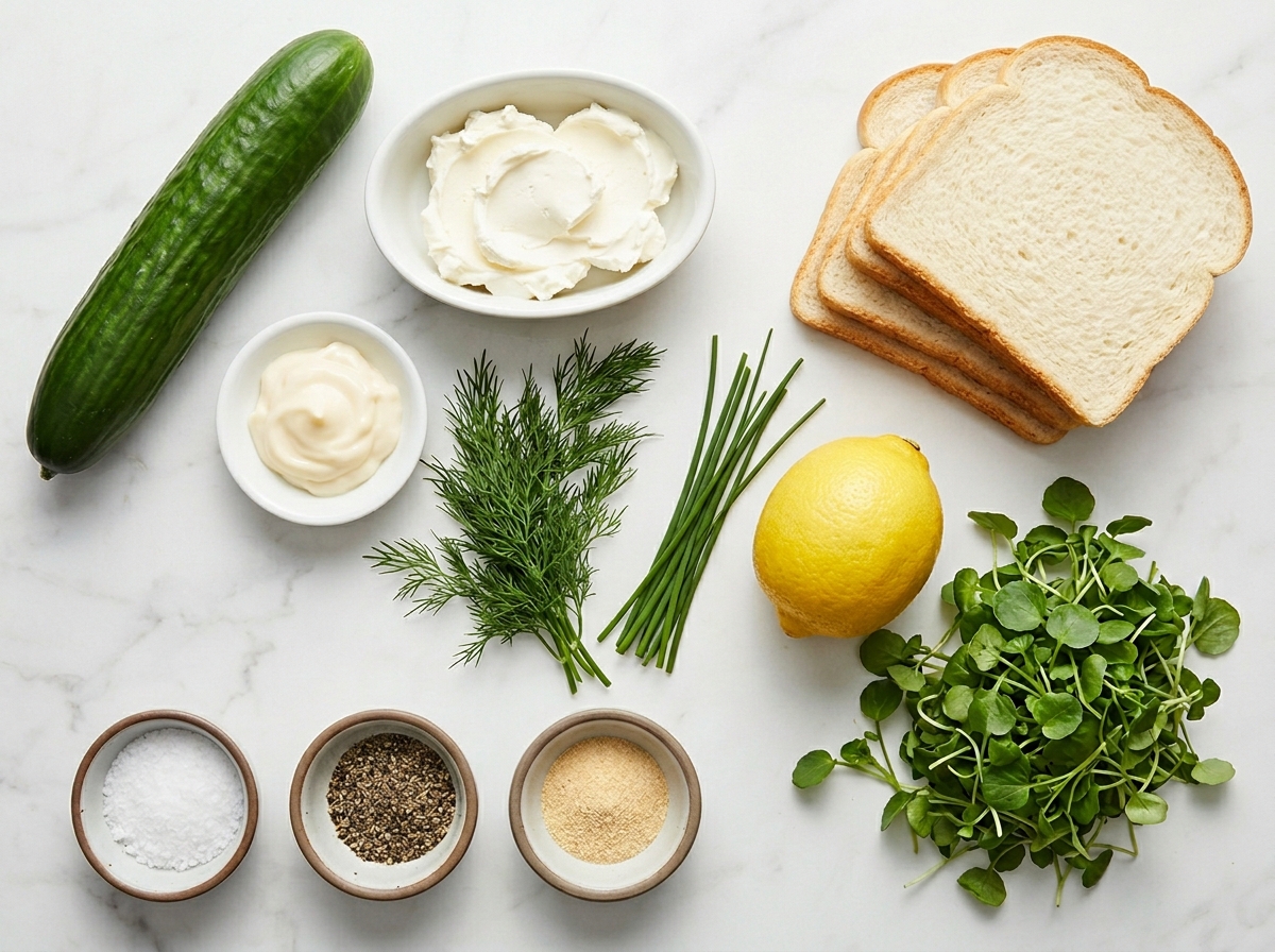 Ingredients for cucumber sandwiches with bread, cucumber, herbs, and cream cheese
