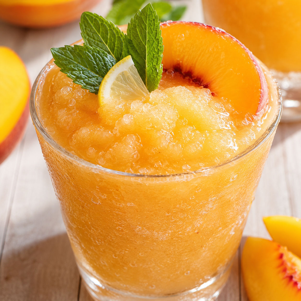 Frozen peach slush with mint, lemon, and fresh peach slices